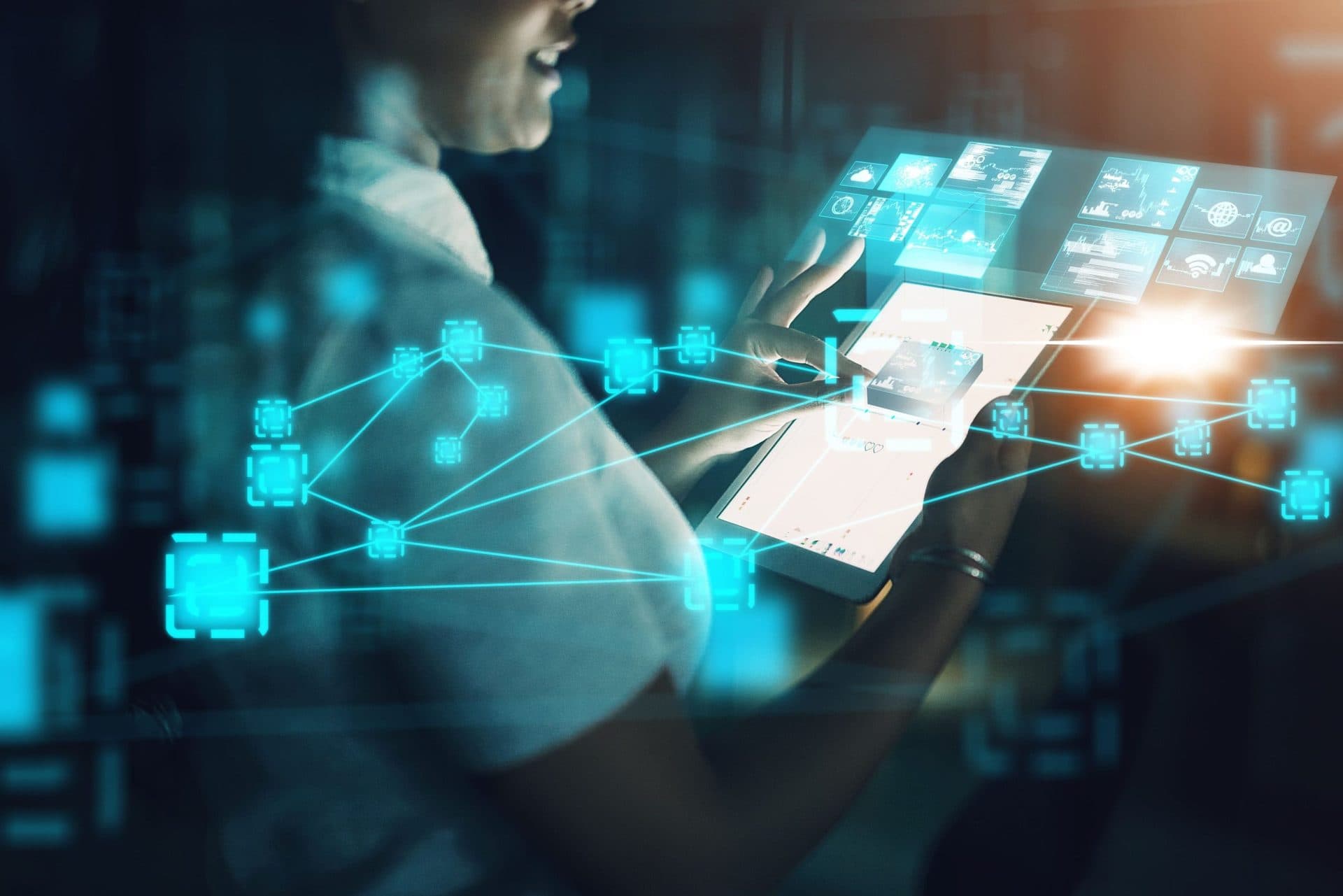 woman-ai-digital-tablet-night-working-with-big-data-ui-technology-ux-office-businesswoman-touchscreen-iot-communication-futuristic-hologram-nodes-dark (1)